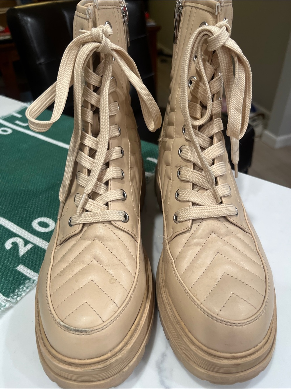 Marc Fisher Beige Lace-Up Quilted Combat Boots